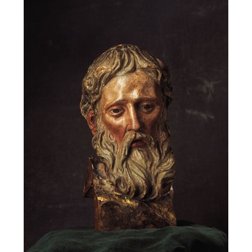 A Fine Spanish carved polychrome head of a saint